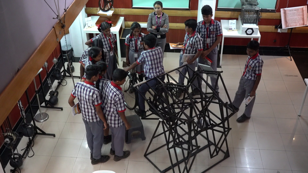 School children interacting at the kinetic gallery at PARSEC Jayanagar